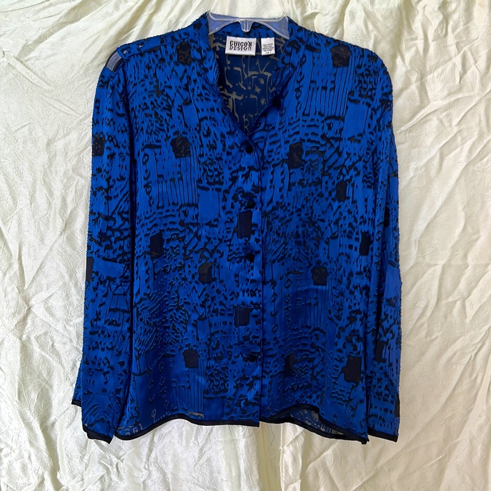 Chico’s sheer, black and blue button down blouse